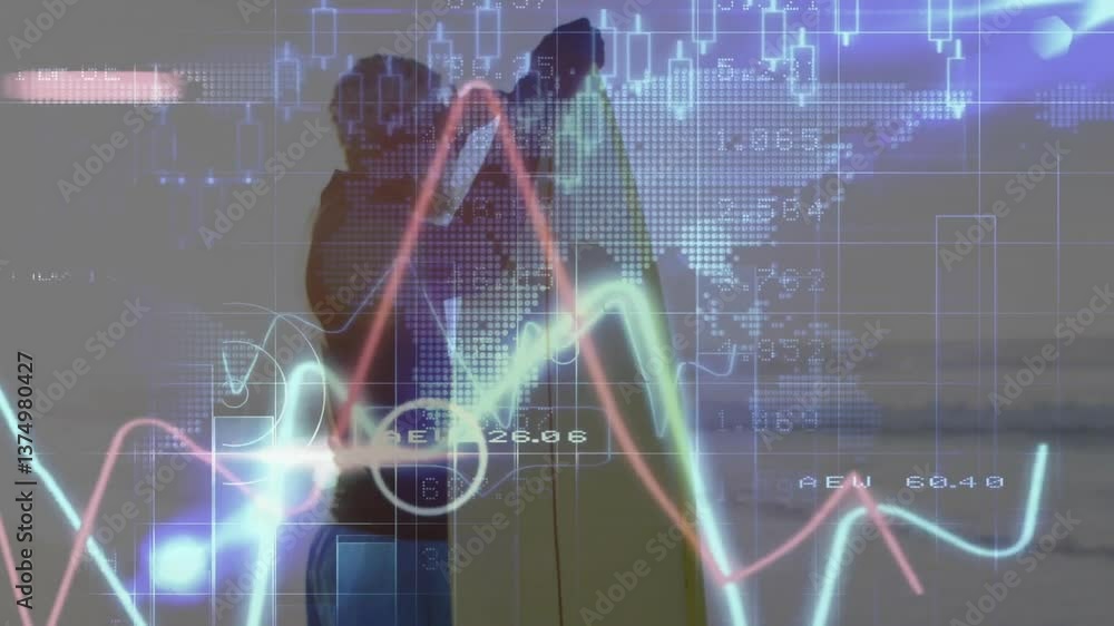 Poster interacting with digital financial data and graphs, person using animation in school