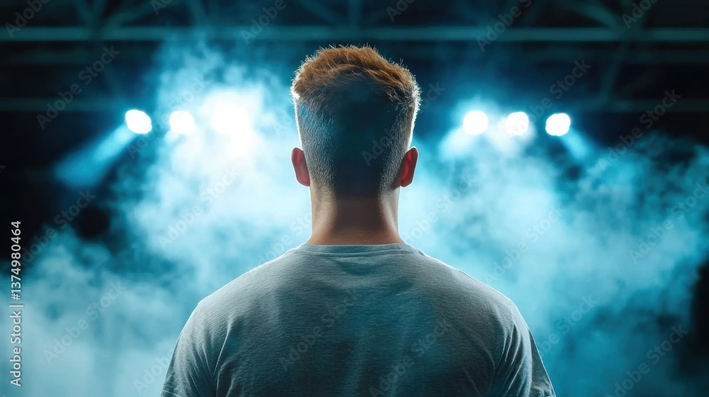 Poster fog envelops a large stadium, with bright lights illuminating the field and creating a mysterious, a