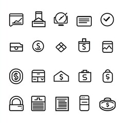 Outline icon set featuring essential  industry symbols, crafted with black lines on a minimal white background, perfect for UI/UX design, app interfaces, and clean, fresh design aesthetics.