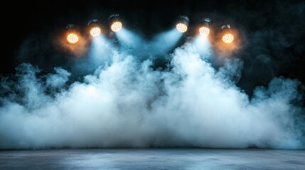 A mysterious and atmospheric image of a foggy stadium at night, with radiant floodlights casting deep, dramatic shadows across the empty scene.