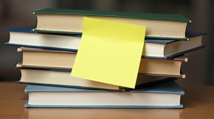 Productive study session with sticky note mockup on stacked books in cozy desk environment