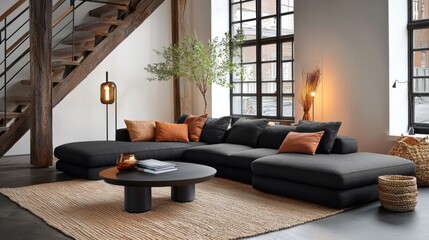 A warm and inviting Scandinavian-inspired living room featuring natural wood elements, soft lighting, and a minimalist, harmonious design.