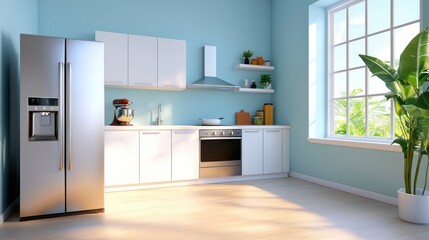 Fototapeta premium Bright and airy corner kitchen with sleek, modern cabinets, efficient layout, and clean, minimalist design