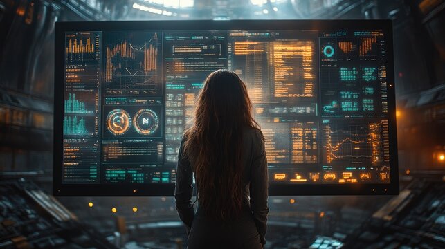 A woman studies complex data on a giant screen display