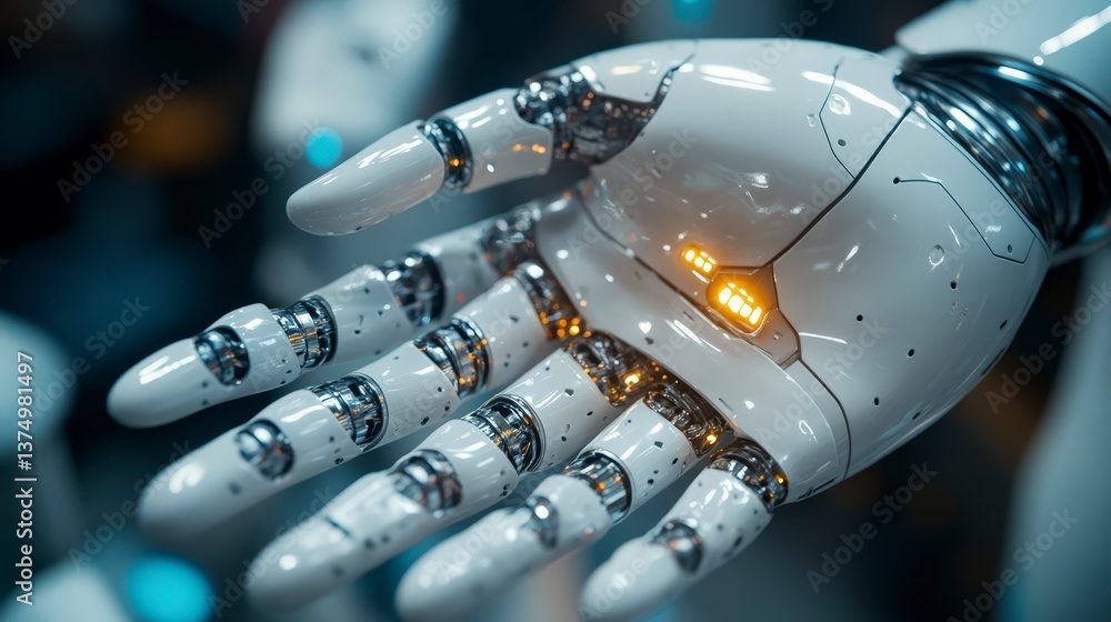 Poster Remarkable close-up of a robotic hand showcasing advanced design and functionality in a high-tech environment for precision tasks