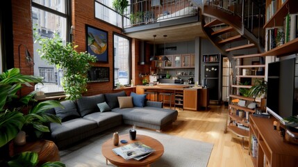 Fototapeta premium A modern and minimalist loft living space with clean lines, natural materials, and thoughtfully arranged furniture for a comfortable and sophisticated ambiance.