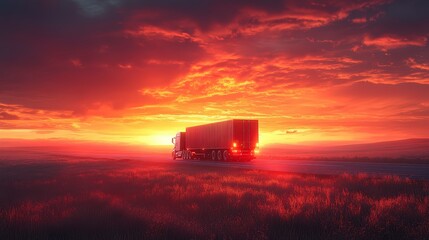 Fototapeta premium Cargo truck driving down open highway at sunrise leaving scenic landscape in background with beautiful colors