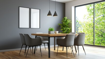 A sleek and minimalist modern studio apartment featuring a compact but well-designed dining area, with clean lines, natural materials, and a sophisticated, functional layout.