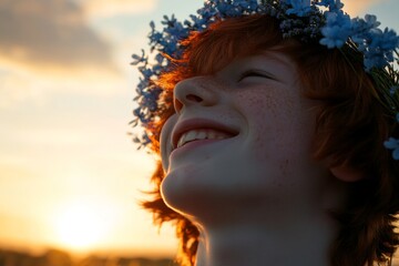 Fototapeta premium Happy summertime holidays idea. Happy caucasian teenager boy with red hair wearing blue flower crown on his head. Golden hour in sunset. Happy childhood memories in summer.