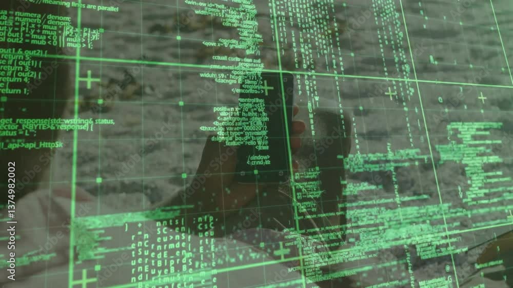 Poster green coding and data processing animation over person using laptop