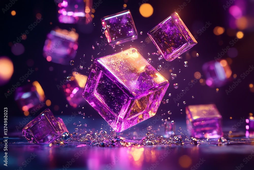 Poster glowing cubes floating with glittering particles in dark abstract space