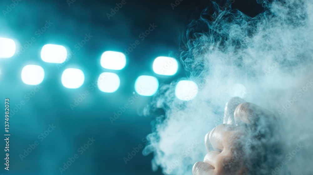 Poster dramatic and moody scene of glowing beams of light from stadium floodlights shining through an atmos