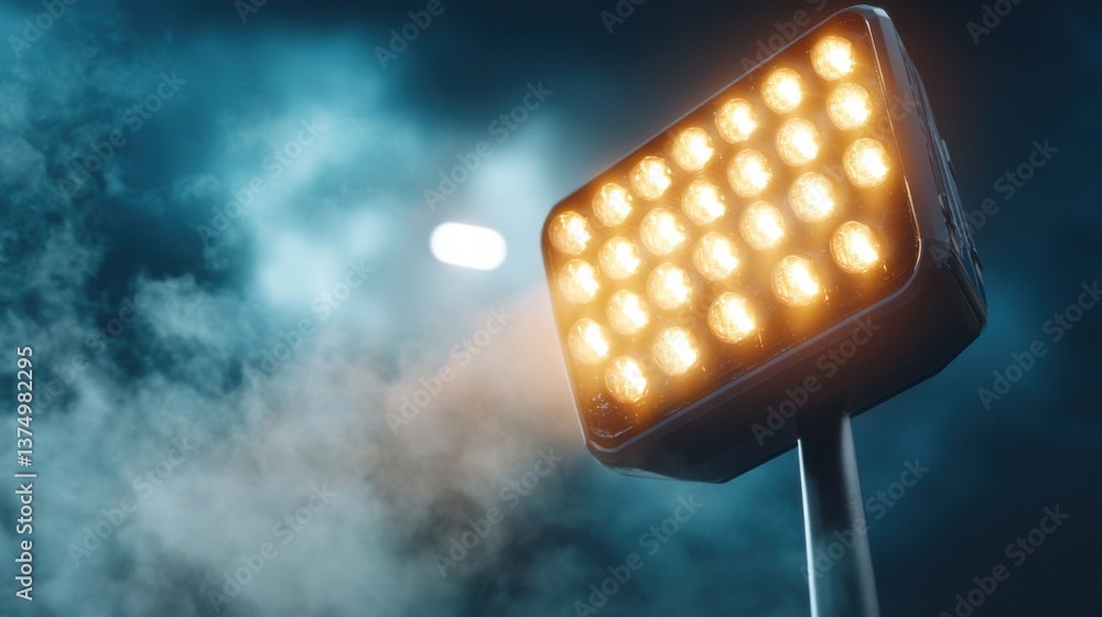 Poster a captivating image of a stadium's floodlights beaming through a dark, misty atmosphere, creating a 