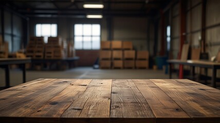 Empty wood table top in an industrial warehouse with a blurred background. The focus is on the table surface.