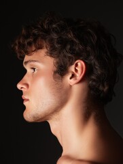 Fototapeta premium Close-up portrait of a young man's face and upper body. the man appears to be in his late twenties or early thirties, with curly hair that is styled in loose curls.