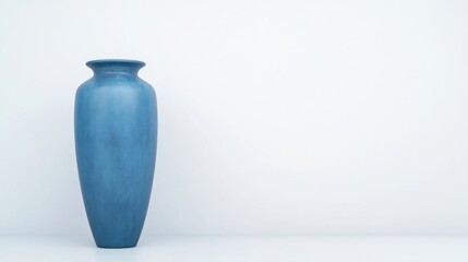 A tall, blue vase stands against a plain white wall, showcasing a modern and minimalist aesthetic, perfect for home decor.