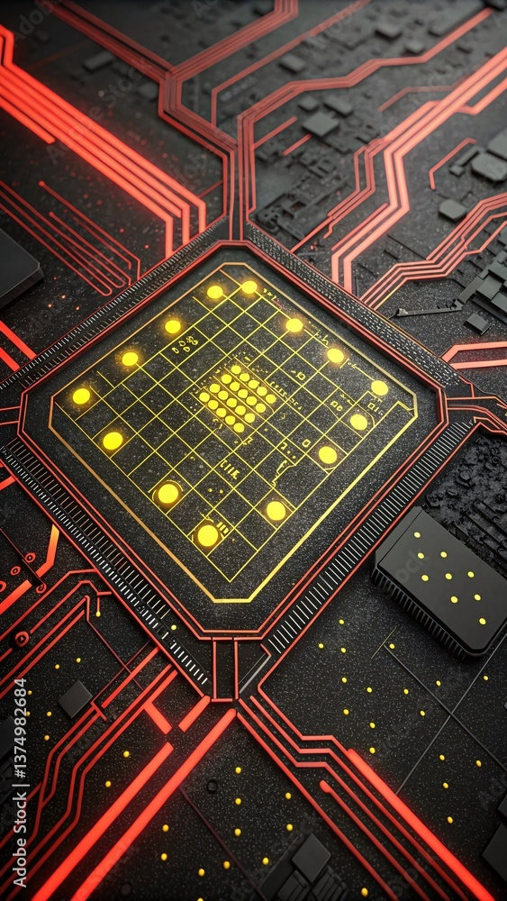 Poster circuit board's digital architecture: a macro perspective of a modern circuit board illuminates inte