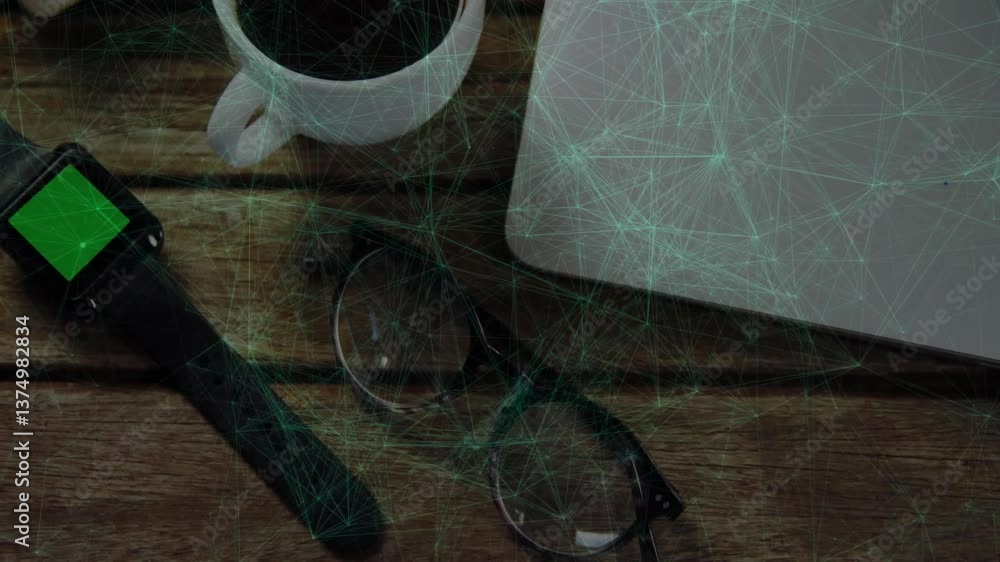 Poster network of connections and data processing animation over coffee and laptop