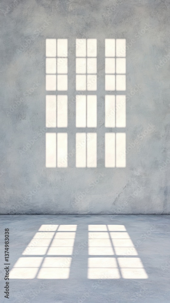 Poster a minimalistic interior space with large windows casting light and shadows on a concrete floor, crea