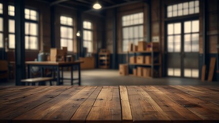 Empty wood table top in an industrial warehouse with a blurred background. The focus is on the table surface.