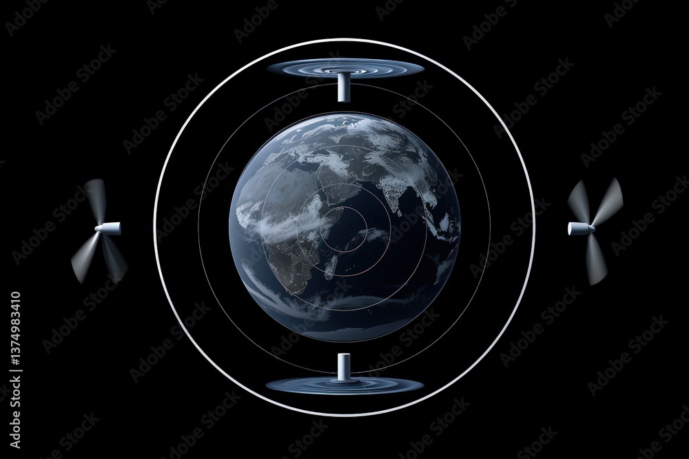 Poster a stylized representation of earth surrounded by circular patterns and propellers, suggesting themes