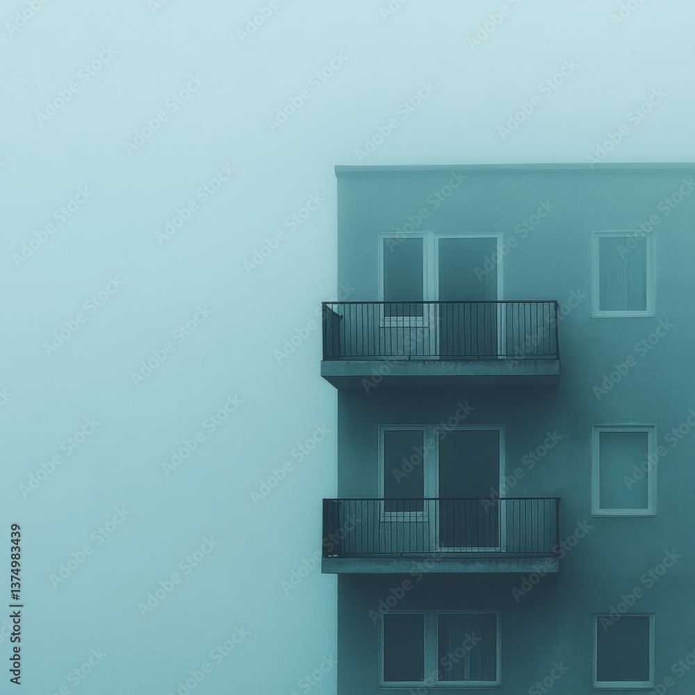 Poster a foggy scene featuring a modern building with balconies, creating an atmospheric and mysterious amb