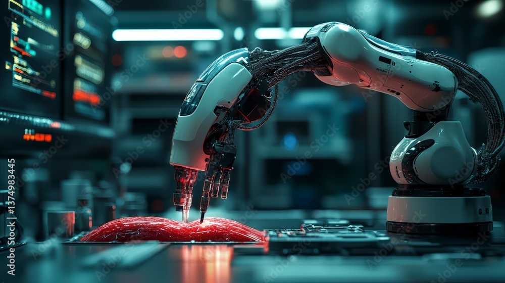 Poster advanced autonomous surgical robot engaged in precision work on a piece of meat to simulate blood ve