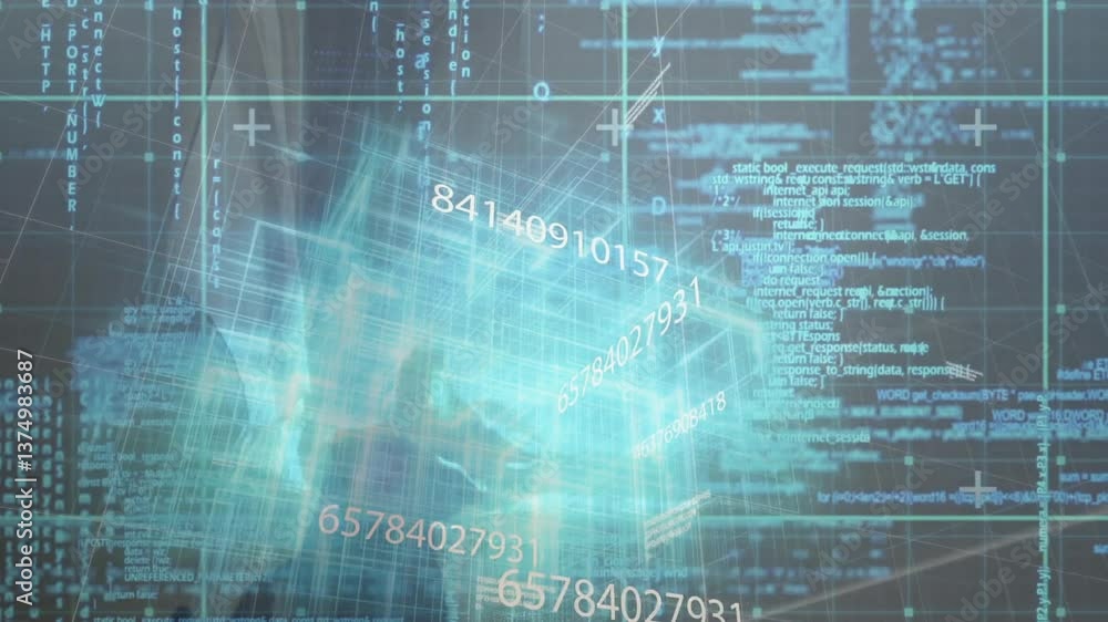 Poster animation of digital data and numbers floating over blue and black background