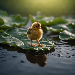 A tiny chick standing on a floating leaf.