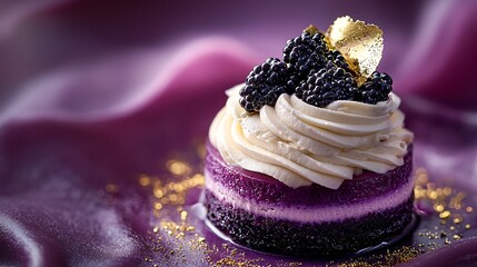 Luxurious Purple Dessert with Blackberries and Gold Leaf Garnish on Silk Fabric