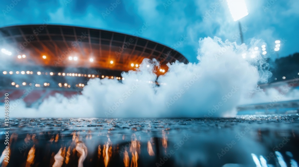Poster a magnificent night stadium enveloped in a mesmerizing display of light, creating a striking and atm