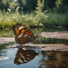 A butterfly resting on the nose of a deer near a peaceful pond.