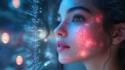 Woman with pink and blue face in an ai beauty coach experience providing personalized makeup tips through augmented reality