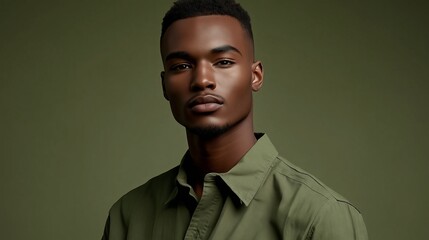 lindo homem negro com camiseta verde, modelo de fotografia, est&uacute;dio