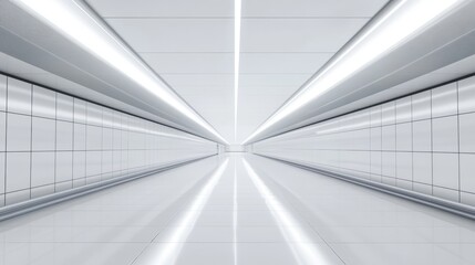 Obraz premium A futuristic, minimalist corridor with bright lights, creating a sense of depth and perspective, leading towards a vanishing point.