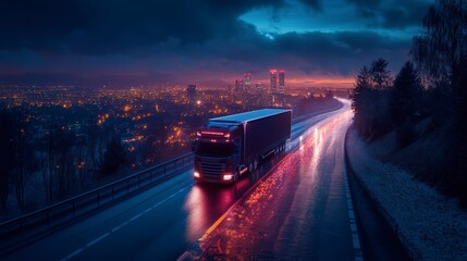 Obraz premium Truck in motion on road highlighting ai route optimization for improved global shipping and transportation efficiency