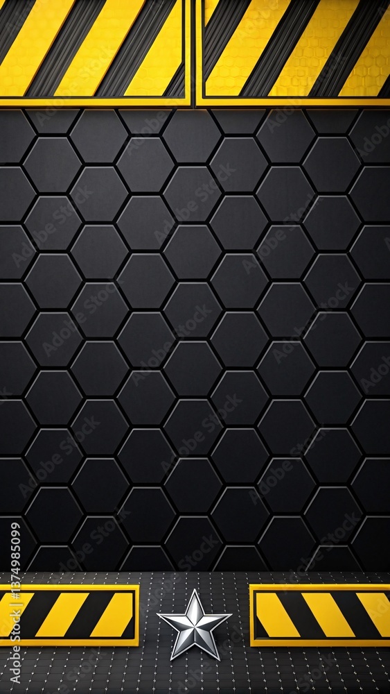 Poster safety first: a geometric backdrop composed of honeycomb patterns and striking warning stripes sets 