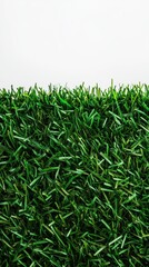 Fototapeta premium A close-up of vibrant green artificial grass against a plain white background, showcasing texture and color.
