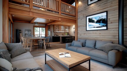 A serene and cozy minimalist Scandinavian-inspired open-plan living room with clean lines, natural materials, and stylish yet functional decor elements.