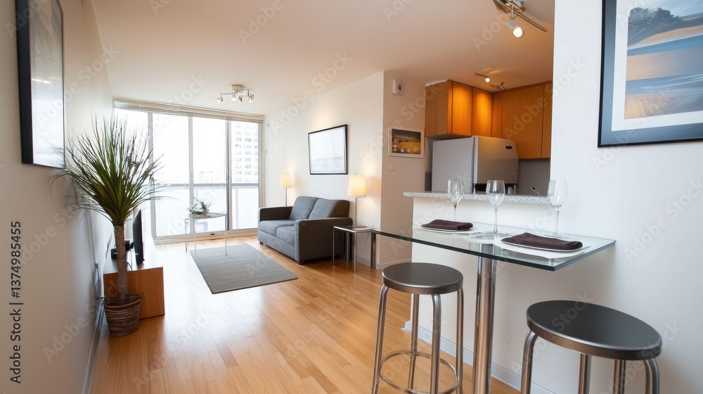 Poster A compact and well-designed minimalist studio apartment featuring a small but functional dining area with a simple table and chairs, maximizing the use of natural light and creating a clean.