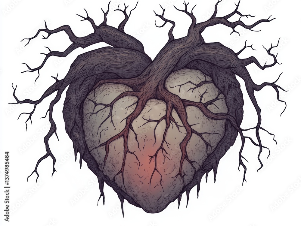 Poster a surreal illustration of a heart intertwined with gnarled tree roots, symbolizing connection and th