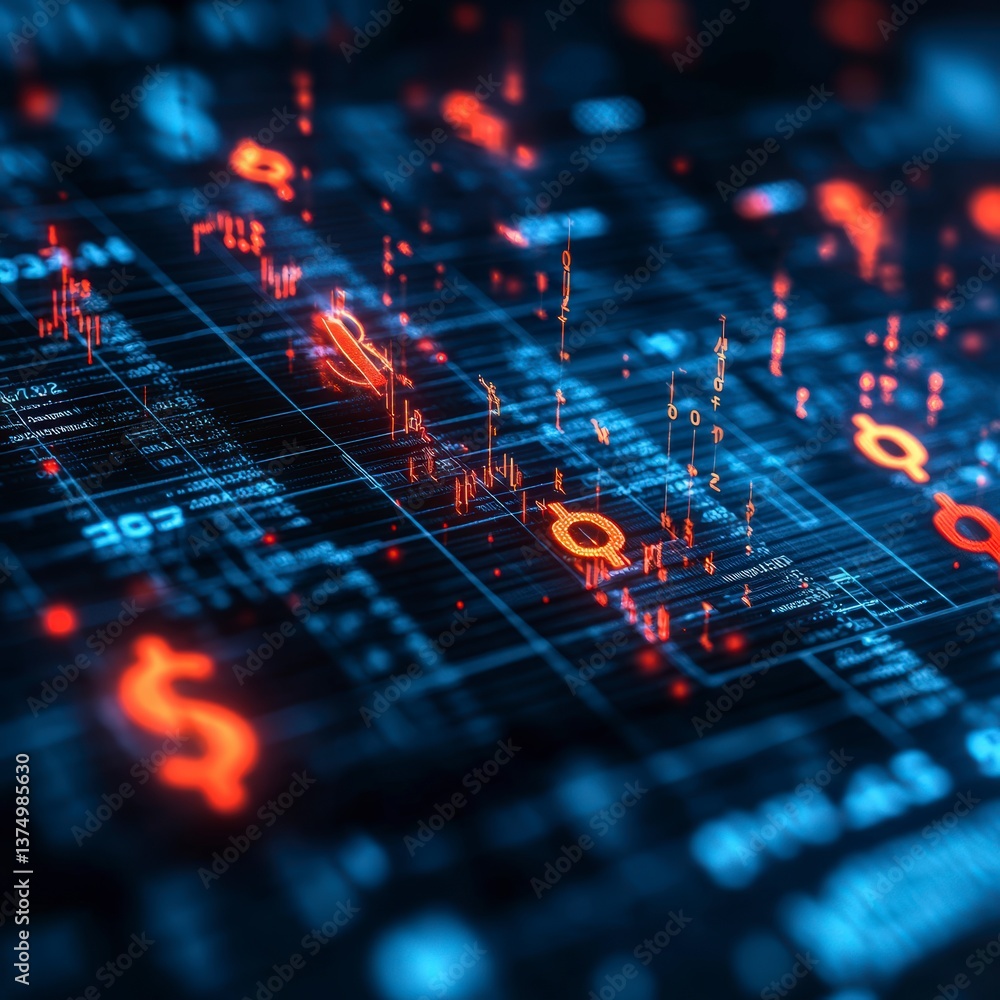 Poster abstract representation of numbers on dark background signifying modern business valuation and finan