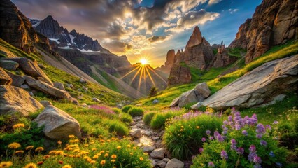 Fototapeta premium Serene Sunset Over a Mountain Valley with Wildflowers and a Gentle Stream
