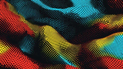 A vibrant, intricate pattern featuring a kaleidoscope of colors, including reds, blues, and yellows, beautifully contrasts against a deep black background, creating a striking visual effect.