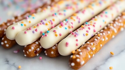 Obraz premium Colorful Sprinkled Pret sticks on a Marble Surface for Delicious Treats
