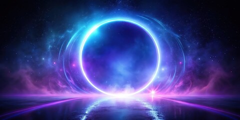 Obraz premium A luminous cosmic ring encircles a vibrant nebula, its ethereal glow reflected on a tranquil, dark water surface, creating a mesmerizing scene of otherworldly beauty and serene energy.