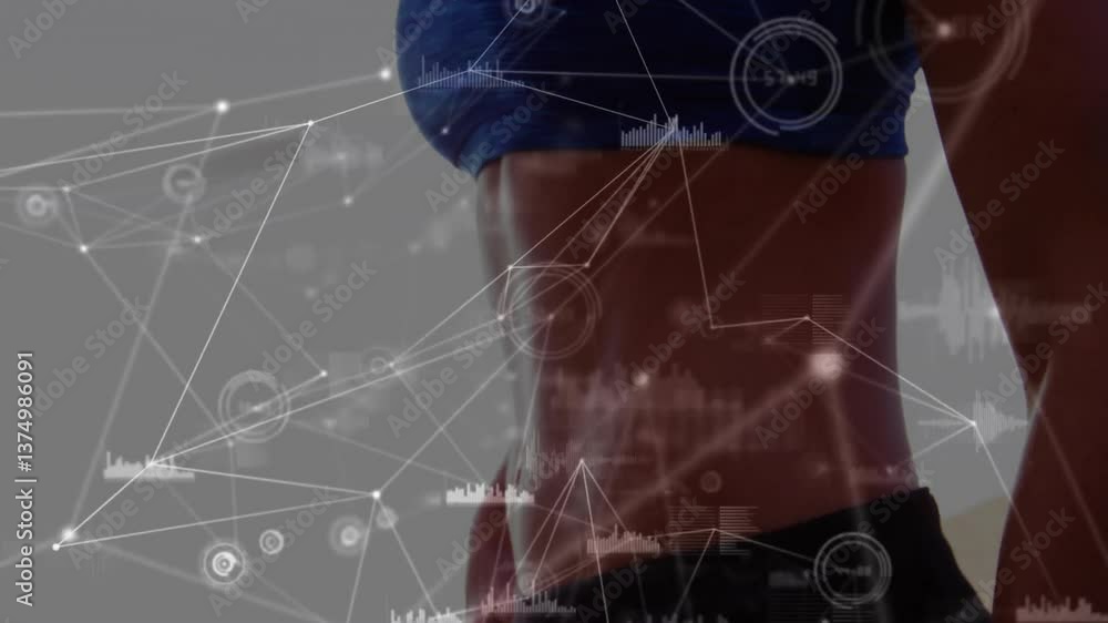 Poster digital data network animation over person exercising, showing fitness metrics