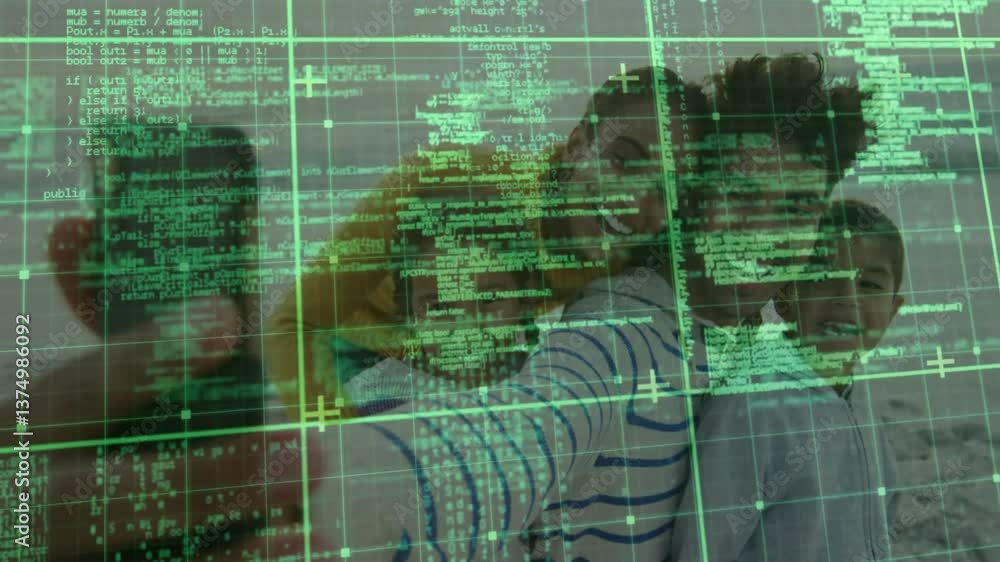 Poster group of friends taking selfie over digital coding and data processing animation