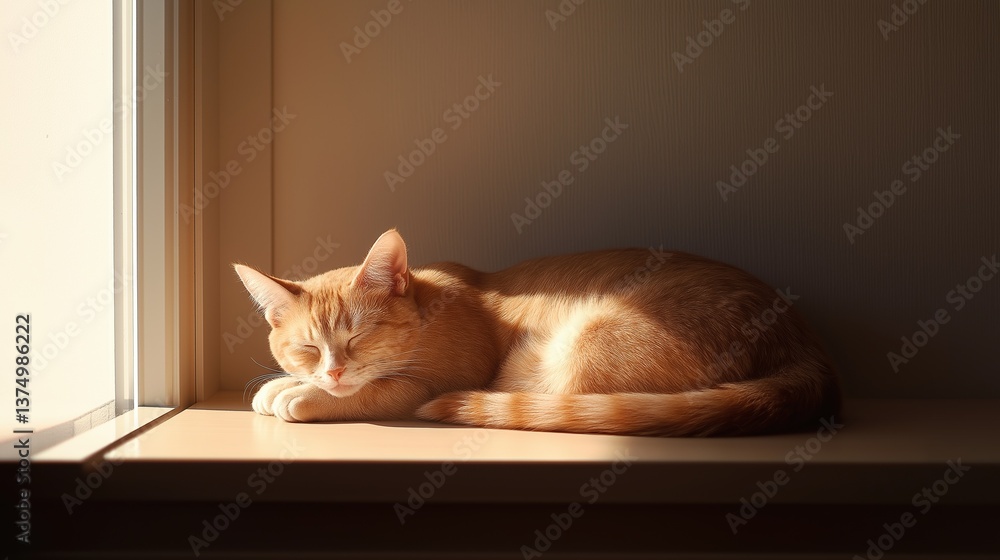 Poster orange cat sleeping on a window sill. the cat is lying on its side with its head resting on its paws