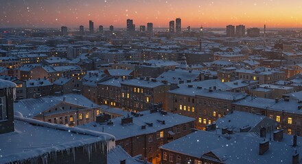 Obraz premium Snow Falling Over City Rooftops at Winter Sunset with Glowing Windows